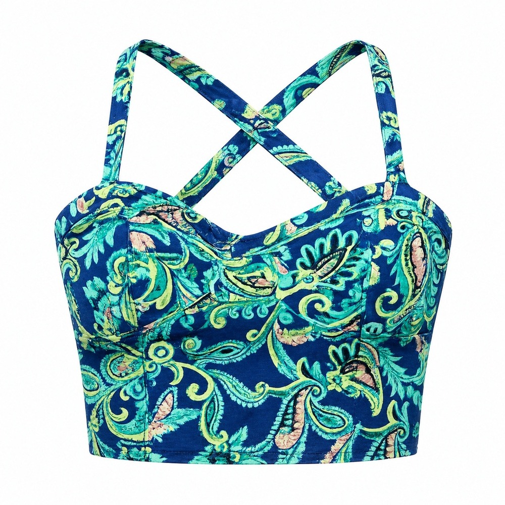 Aeropostale Crop Top Womens Small Blue Paisley Strappy Y2K Stretch Bustier